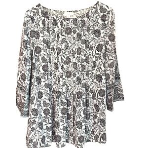 J Jill Women's Blue Floral Print‎ 3/4 Sleeve Tiered Blouse soft light Top Size S